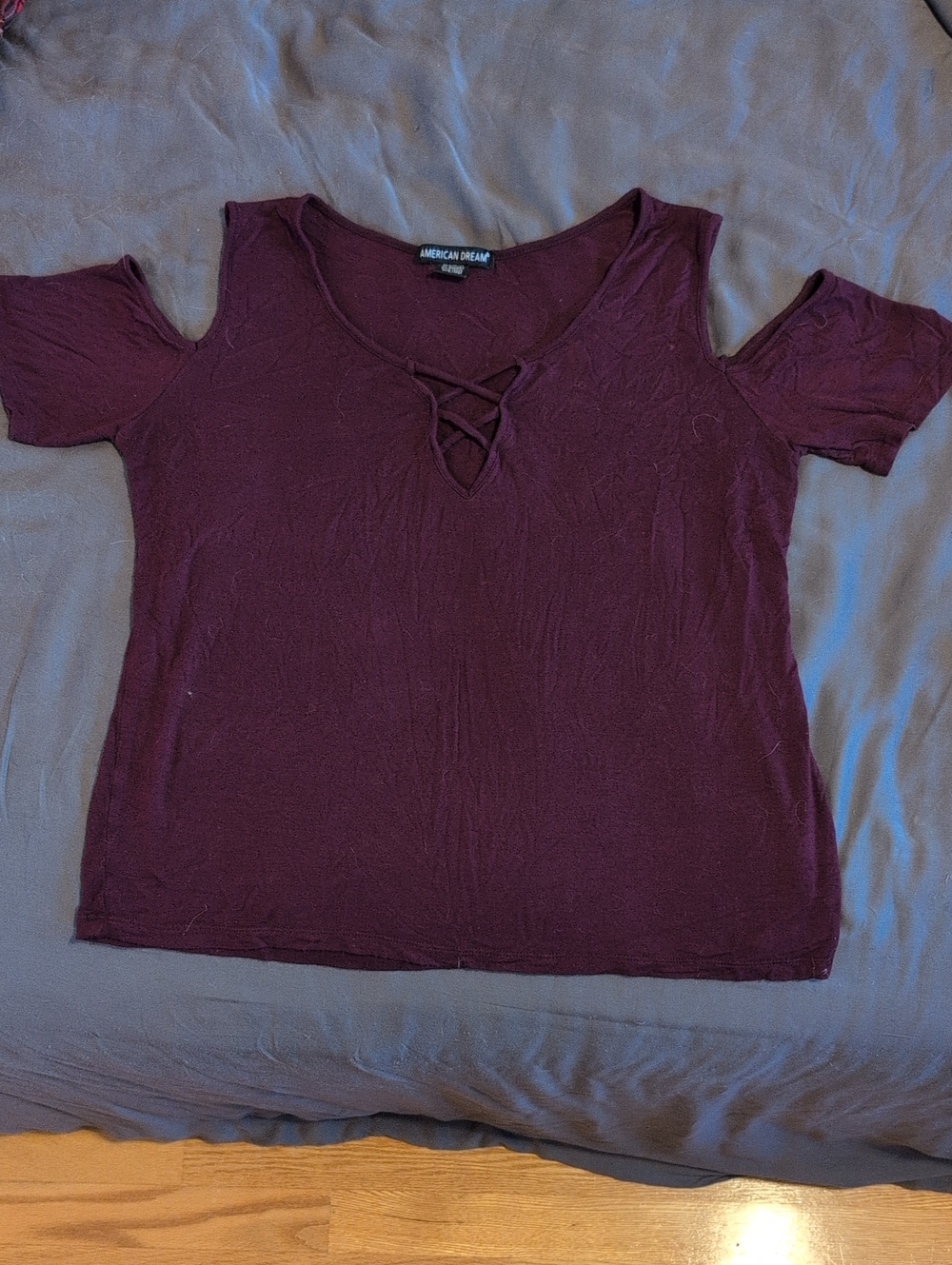 American Dream Burgundy Cold-Shoulder V-Neck Top with Strappy Detail